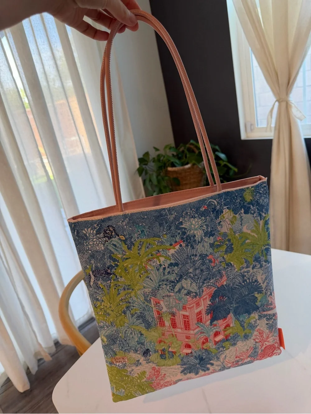 Tropical Scene Canvas Tote in Blue and Pink
